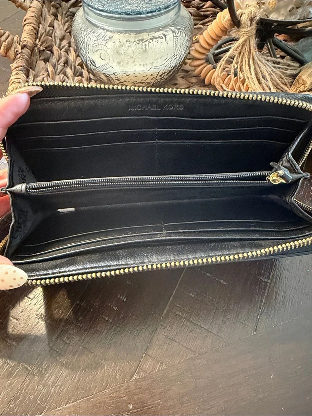 Michael Kors Black & Tan Logo Zip Wallet with Gold Plate